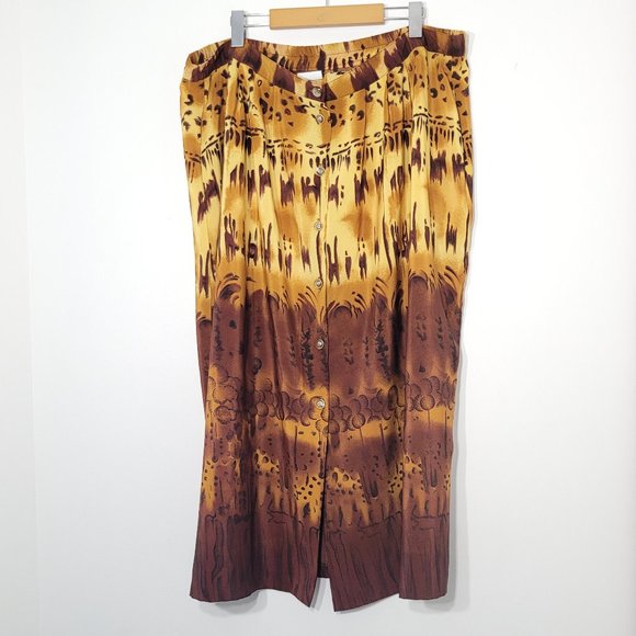 Vintage Dresses & Skirts - Vintage Style Button Front Maxi Skirt Brown Abstract Pattern 90s Front Slit XXL